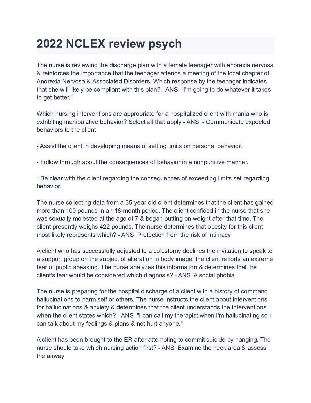 Preview image for 2022 NCLEX review psych A+ GRADED 100% VERIFIED